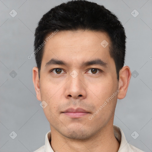 Neutral asian young-adult male with short  black hair and brown eyes