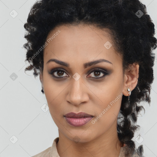 Joyful latino young-adult female with medium  brown hair and brown eyes