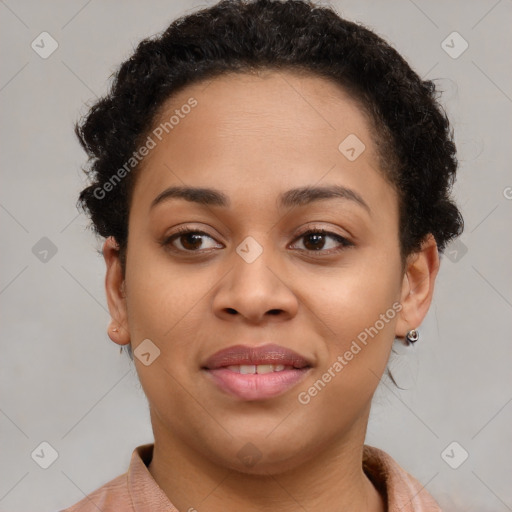 Joyful latino young-adult female with short  brown hair and brown eyes