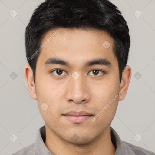 Neutral asian young-adult male with short  black hair and brown eyes