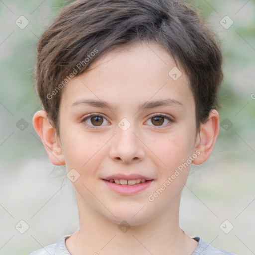 Joyful white child female with short  brown hair and brown eyes