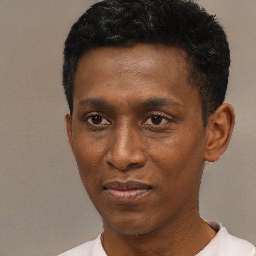 Neutral black young-adult male with short  black hair and brown eyes