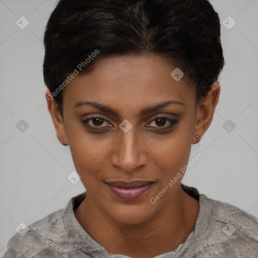 Joyful latino young-adult female with short  black hair and brown eyes