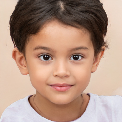 Joyful white child female with short  brown hair and brown eyes