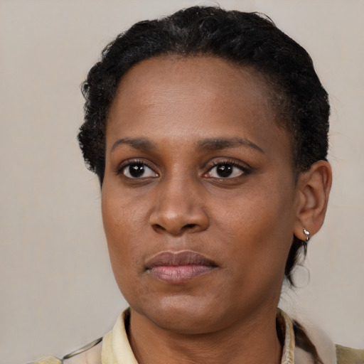 Neutral black young-adult female with short  brown hair and brown eyes