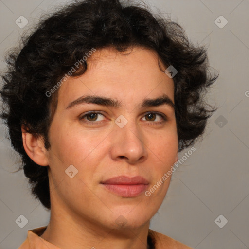 Joyful white young-adult male with medium  brown hair and brown eyes