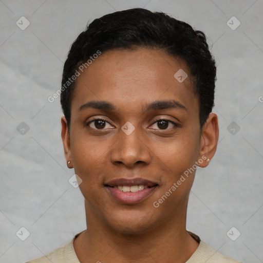 Joyful black young-adult male with short  black hair and brown eyes