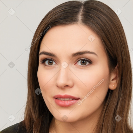 Neutral white young-adult female with long  brown hair and brown eyes