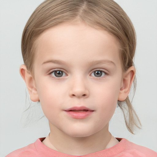 Neutral white child female with medium  brown hair and grey eyes