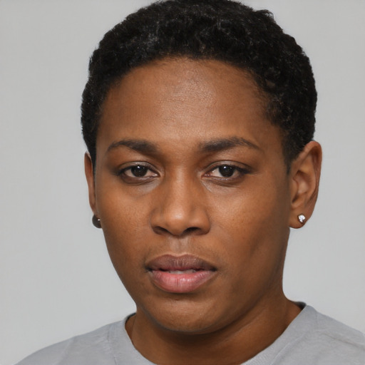 Neutral black young-adult female with short  black hair and brown eyes