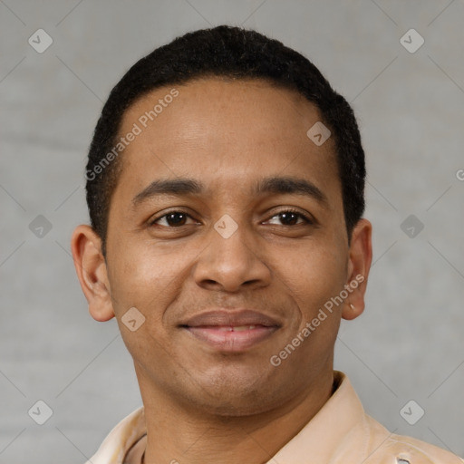 Joyful latino adult male with short  brown hair and brown eyes