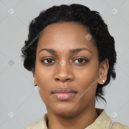 Neutral black young-adult female with short  black hair and brown eyes