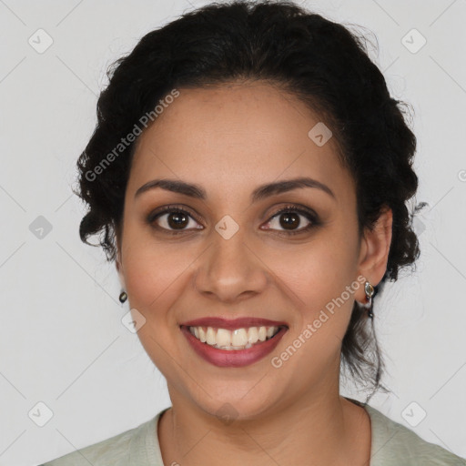 Joyful latino young-adult female with medium  black hair and brown eyes