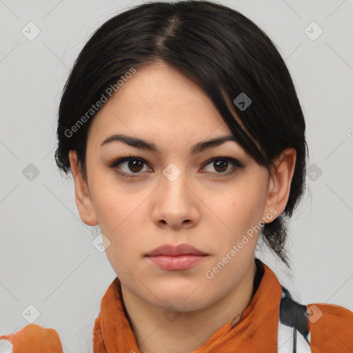 Neutral asian young-adult female with medium  black hair and brown eyes