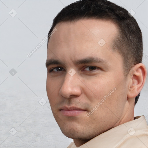 Neutral white young-adult male with short  brown hair and brown eyes