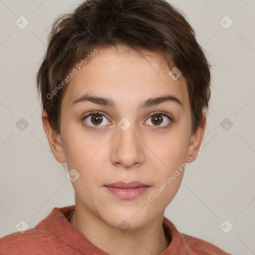 Neutral white young-adult female with short  brown hair and brown eyes