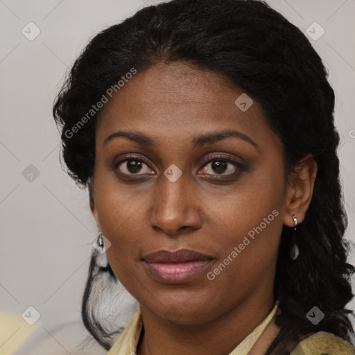 Joyful black young-adult female with medium  brown hair and brown eyes