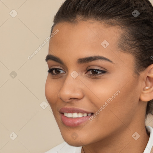 Joyful latino young-adult female with short  brown hair and brown eyes