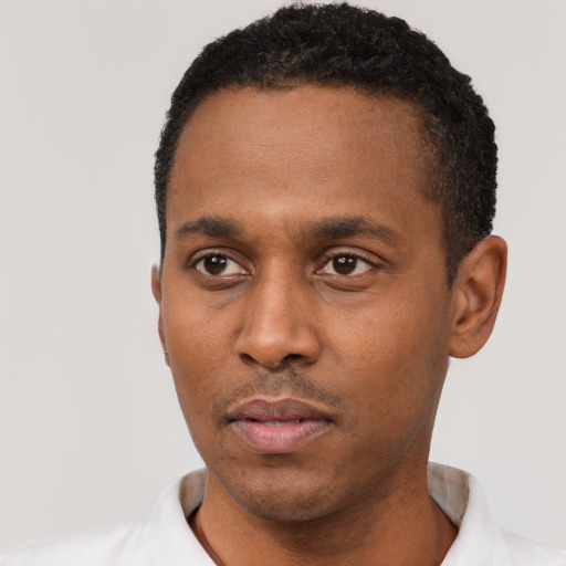 Neutral black young-adult male with short  black hair and brown eyes