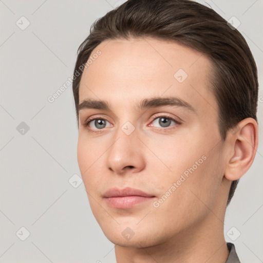 Neutral white young-adult male with short  brown hair and brown eyes