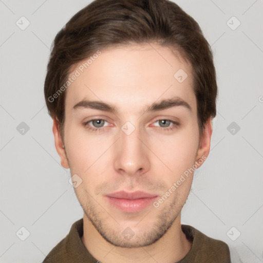 Neutral white young-adult male with short  brown hair and brown eyes