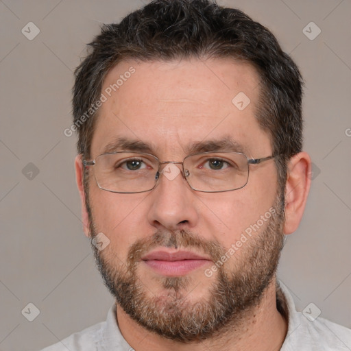 Neutral white adult male with short  brown hair and brown eyes