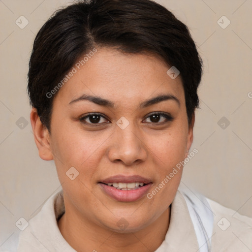 Joyful white young-adult female with short  brown hair and brown eyes