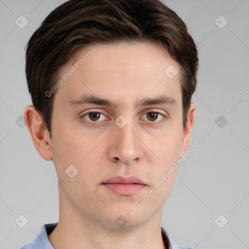 Neutral white young-adult male with short  brown hair and grey eyes