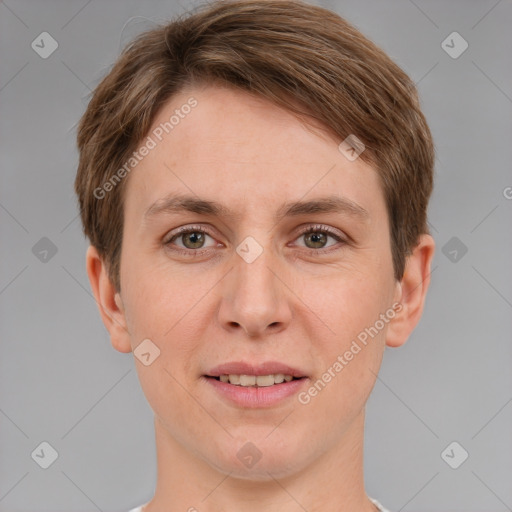 Joyful white young-adult female with short  brown hair and grey eyes