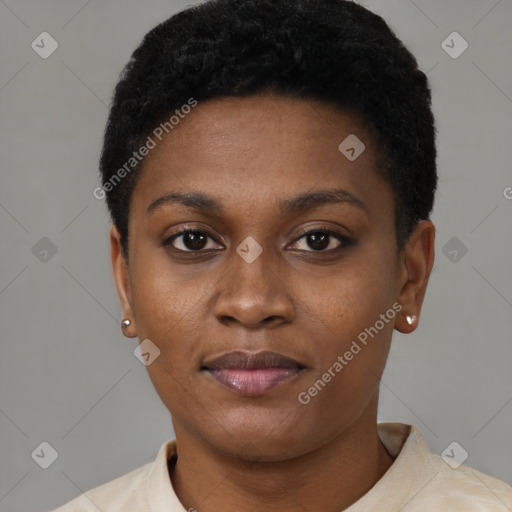 Neutral black young-adult female with short  black hair and brown eyes