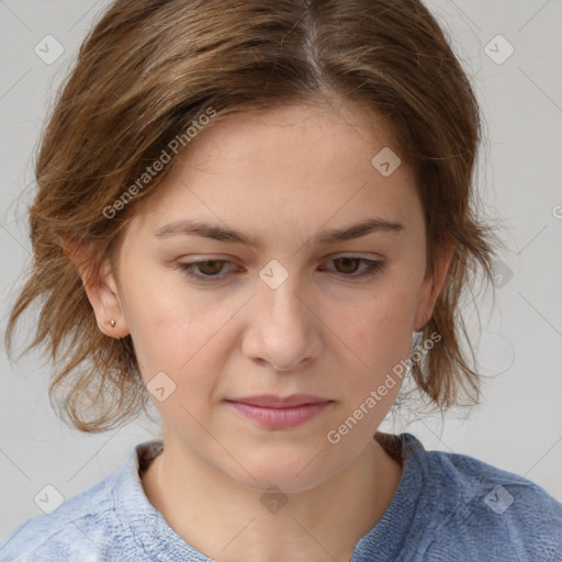 Joyful white young-adult female with medium  brown hair and blue eyes