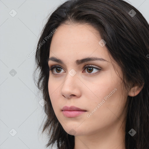 Neutral white young-adult female with long  brown hair and brown eyes