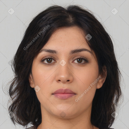 Neutral asian young-adult female with medium  brown hair and brown eyes