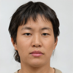 Neutral asian young-adult female with short  brown hair and brown eyes