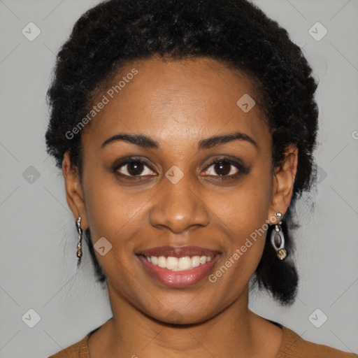 Joyful latino young-adult female with medium  black hair and brown eyes