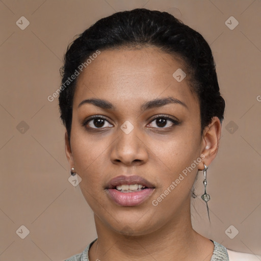 Neutral black young-adult female with short  black hair and brown eyes