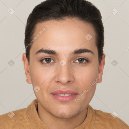 Joyful white young-adult female with short  brown hair and brown eyes