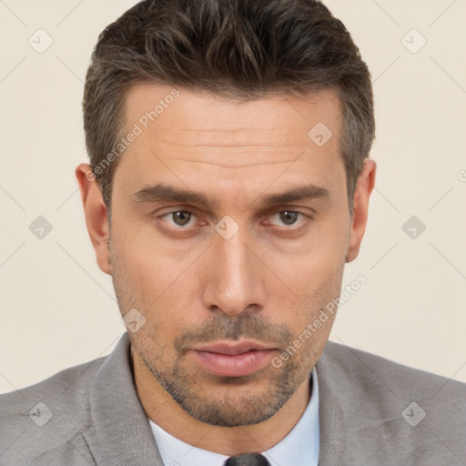 Neutral white adult male with short  brown hair and brown eyes