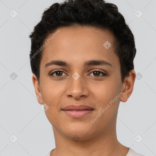 Joyful latino young-adult female with short  brown hair and brown eyes