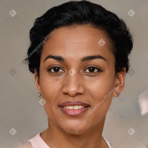 Joyful latino young-adult female with short  black hair and brown eyes