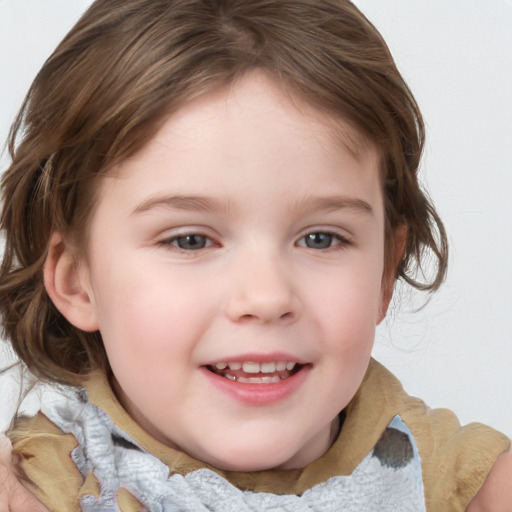 Joyful white child female with medium  brown hair and blue eyes