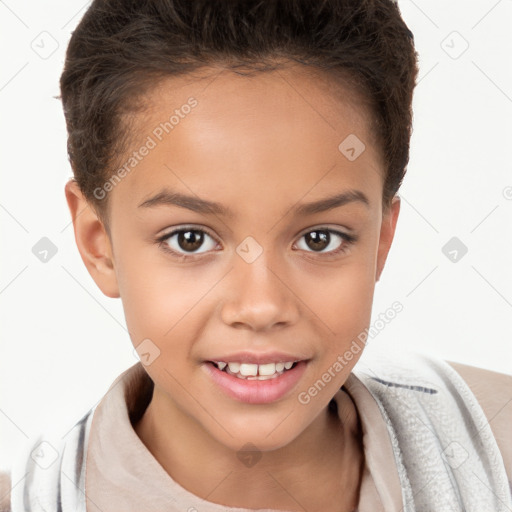 Joyful white child female with short  brown hair and brown eyes