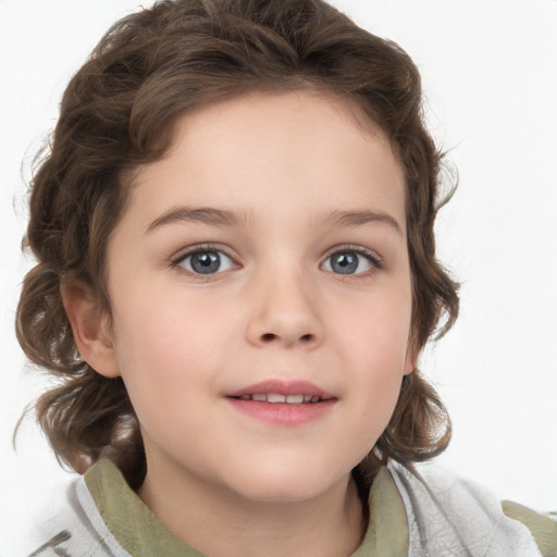 Joyful white child female with medium  brown hair and brown eyes