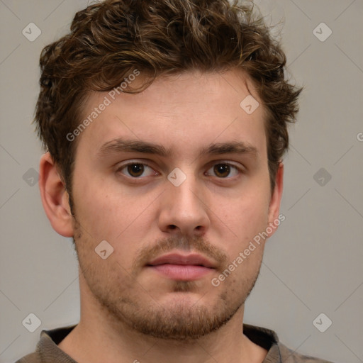 Neutral white young-adult male with short  brown hair and grey eyes