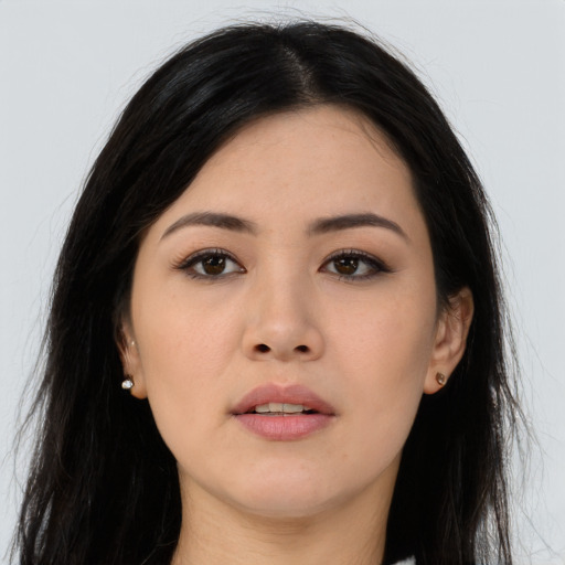 Neutral asian young-adult female with long  black hair and brown eyes