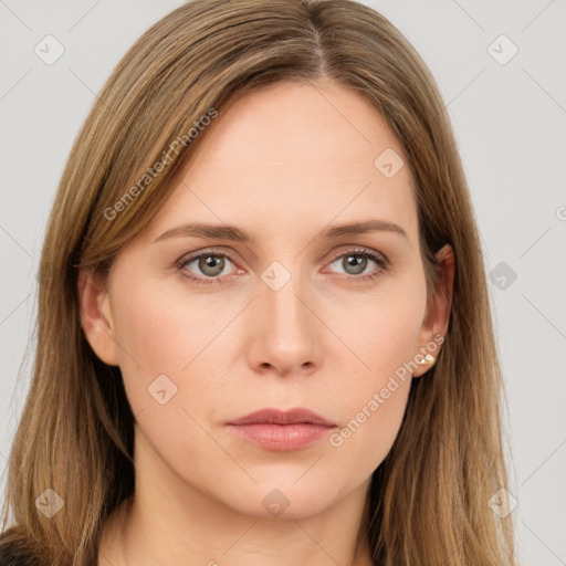 Neutral white young-adult female with long  brown hair and grey eyes