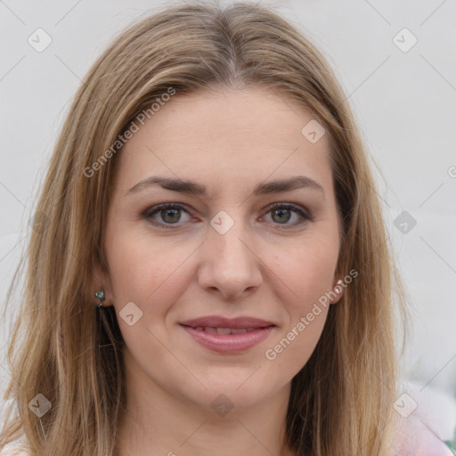 Joyful white young-adult female with long  brown hair and grey eyes