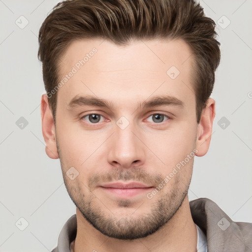 Neutral white young-adult male with short  brown hair and grey eyes