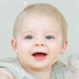 Joyful white child female with short  brown hair and blue eyes