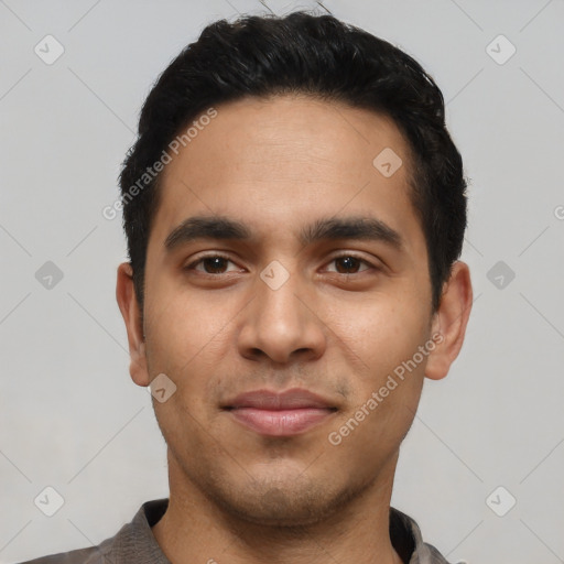 Neutral latino young-adult male with short  black hair and brown eyes